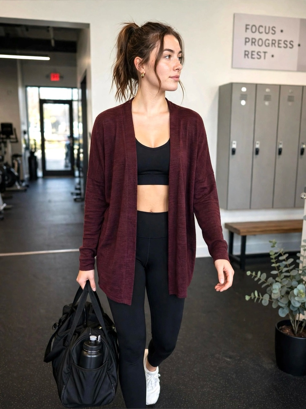 Lole Downtown Open-Front Cardigan Sweater - Burgundy - OS
